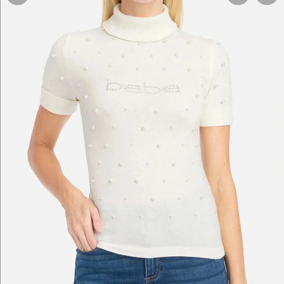 . NWT BEBE AUTHENTIC WOMENS MARSHMALLOW PEARLS TURTLE NECK SHORT SLEEVE … - Picture 3 of 4
